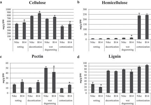 Figure 2. The content of cell wall polymers (cellulose, lignin, pectin, and hemicellulose) in fibers obtained by retting, decortication, wet degumming, and cottonization of B14 and Nike flax stems. Statistically significant changes are marked with asterisks (p < .05).