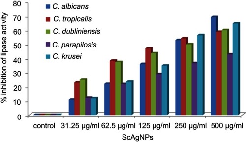 Figure 8 Effects of different concentration of ScAgNPs on lipase activity.Abbreviation: ScAgNPs, Syzygium cumini silver nanoparticles.