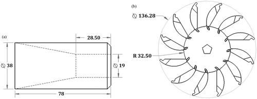 Figure 2. Schematic diagram (dimension in mm); (a) nozzle and (b) turbine.