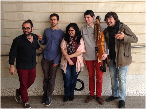 Figure 1. Photo of the Ziryab and Us musicians. From left to right the musicians are: Sergio Martínez, Yoav Eshed, Abir El Abed, Colin Heller and Sergio de Lope. Photo by the author, Valencia, 6 May 2016.