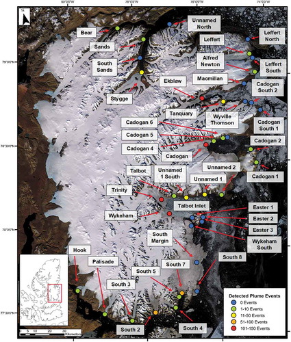 Figure 1. Location of tidewater glaciers on Prince of Wales Icefield with >1 km terminus width, and distribution of their cumulative plume events from 1997 to 2015. Inset: Ellesmere Island. Base image: USGS/NASA Landsat 8, July–September 2015.