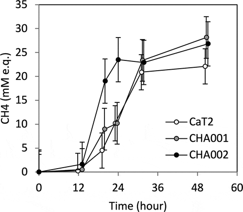 Figure 3. Comparison of methane production by CaT2, CHA001, and CHA002.