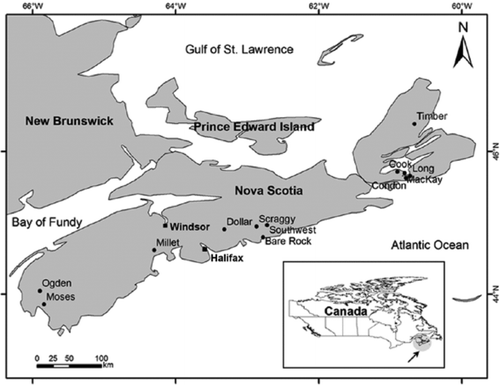 Figure 1 Regional map denoting locations of 12 study lakes selected for sediment coring.
