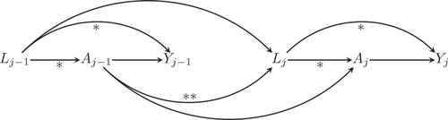 Fig. 1 Illustration of the temporal structure between a (possible) confounder such as state legislature composition L, RTC law implementation A and the crime rate Y at two subsequent time points j – 1 and j. Confounding is indicated by ⋆. By conditioning on L, the indirect effect of A on Y through L, as indicated by ⋆⋆, is adjusted away.