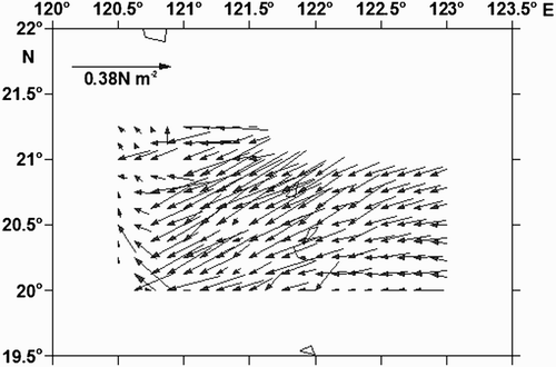 Fig. 2 Wind stress (N m−2) distribution over the region studied during October 2008.