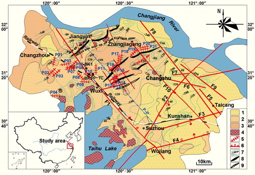 Figure 1. Geologic background and earth fissures’ distribution in the Su-Xi-Chang area. 1—land subsidence displacement is <600 mm. 2—land subsidence displacement is between 600 and 1200 mm. 3—land subsidence displacement is >1200 mm. 4—bedrock outcrop, 5—earth fissure, 6—fault, 7—underlying bedrock, 8—anticline, 9—syncline. F1—Su-Xi-Chang fault, F2—Huzhou-Suzhou fault, F3—Kunshan-Jiading fault, F4—Wujiang-Anting fault, F5—Taicang-Zhitang fault, F6—Shaxi-Ouqu fault, F7—Wuxi-Chongming fault, F8—Meili-Dongbang fault, F9—Yuewang-Heshi fault. The line ‘P–P?’ is the stratigraphic section line (shown in Figure 2). The points ‘BK1’ and ‘BK2’ are the locations of drilling bores. The point ‘TC’ is the location of the trench.