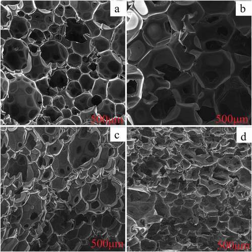 Figure 2. SEM images of various samples (a: pure RPUF; b: RPUF/7.5SA/5ADPO2; c: RPUF/7.5SA/5ADPO2/5EG; d: RPUF/7.5SA/5ADPO2/7.5EG)