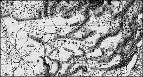 Figure 3. Areas of the village of Radusz presented on the Urmesstischblatter von Preuβen map from 1832.
