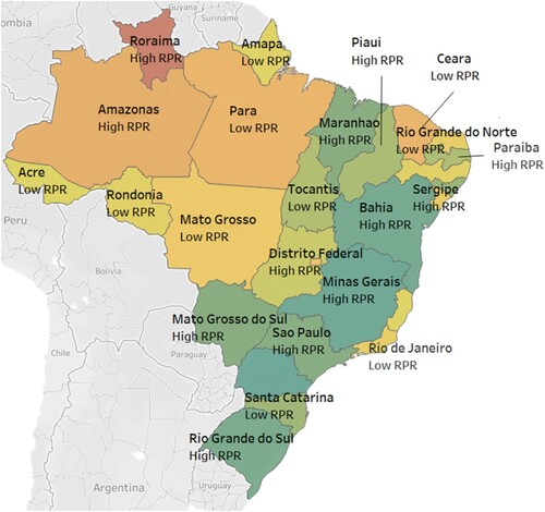 Figure 7. Map of Brazil by Maximum Weekly Deaths and RPR score.