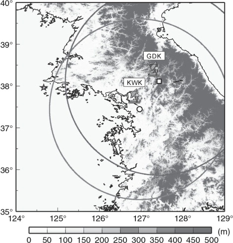 Fig. 1 Observation sites of Doppler radar with geographical height. The open circle and quadrangle are the observation ranges of Doppler radar.