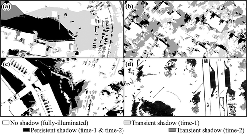 Figure 5. Bi-temporal shadow classification maps of the four study scenes, corresponding to (a) frames (a and b) (hospital facility), (b) frames (c and d) (office park), (c) frames (d and e) (university campus), and (d) frames (f and g) (bridge overpass) shown in Figure 1. The shadow maps shown were filtered using clump and sieve operations.