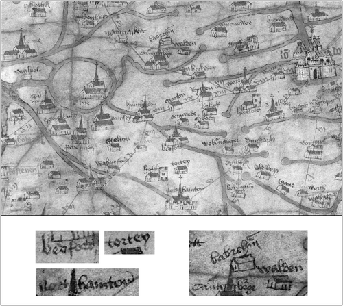 Fig. 5. Gough map. Detail showing the area between lenne (King's Lynn) on the left and london on the right. A ‘river’ is shown encircling Ely, to the left (see Fig. 8, below). Below, note the angularity of script in bedford and tortey (Turvey), and the stretching of minuscule t in the initial letter of tortey and in Northamton. The Secretary letter a is seen in Northamton, babreham (Babraham) and Cantebrege (Cambridge). The last example has exceptional angularity. The three forms of a in walden (Saffron Walden), babreham and Cantebrege respectively happen to illustrate clearly one aspect of the process of change taking place in early fifteenth-century cursive script in England. (Reproduced with permission from the Bodleian Library, Oxford.)