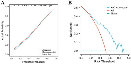 Figure 6. Decision curve analysis (A) and calibration curves (B) of the nomogram for the prediction of post-LT AKI.