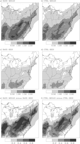 Figure 8. Maps of seasonal average biogenic SOA concentrations from the four model simulations and their differences: (a) BASE-MEGAN, (b) CTRL-MEGAN, (c) BASE-BEIS, (d) CTRL-BEIS, (e) BASE-MEGAN minus BASE-BEIS, and (f) CTRL-MEGAN minus CTRL-BEIS. All concentrations were averaged for May 15 to September 30, 2002 and are shown in units of μg/m3.