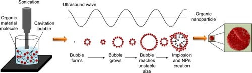 Figure 1 The acoustic cavitation phenomenon that occurs under ultrasonic radiation and the NP creation.Notes: The acoustic cavitation phenomenon happens when a bubble, which was created in the liquid, grows and then collapses. The bubble grows because the solute and/or the solvent vapors diffuse into the volume of the bubble, and it collapses when it gets to its maximum size. In the preparation of nano Penicillin and nano Vitamin B12, the material molecules are naturally drawn to the bubble surface, creating a shell of the material molecules around the bubble. During implosion, the molecules shell collapses into the bubble center and thereby creates a nanoparticle that contains many small molecules (a magnification of the nanoparticle is presented in the last phase of the process).Abbreviation: NP, nanoparticle.