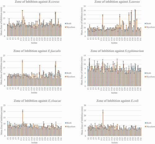 Figure 3. Mean zone of inhibition of broth and mycelium extracts against the six bacteria