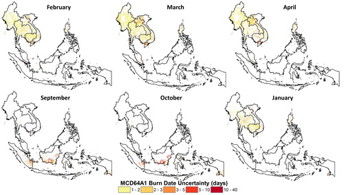 Figure 4. MCD64A1 burn date uncertainty in days for the 500 m BA product. For visualization purposes, product rescaled to approximately 5 km. Very high uncertainty can be seen in the Mekong Delta, Borneo and Sumatra, as well as Northern Laos. Uncertainty is shown for peak burning months.