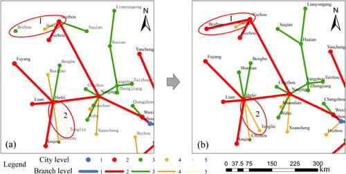 Figure 7. Growth of branch levels from 2014 to 2016, (a) Tree-like model results for 2014 and (b) Tree-like model results for 2016.