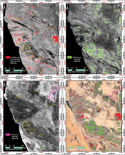 Figure 4. Threshold of band ratios 6/7, 6/5 and 4/2 to extract alteration zones: (a) Hydroxyl-bearing and carbonate minerals extraction, BR 6/7. (b) Extraction of ferrous-iron oxide minerals, BR 6/5. (c) Extraction of ferric-iron oxides minerals, BR 4/2. (d) The alteration minerals overlaid the natural colour image of Google Earth.