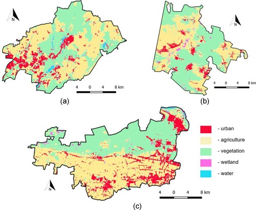 Figure 15. Maps of land cover categories in the analysed areas: (a) DE; (b) UA; (c) PL.