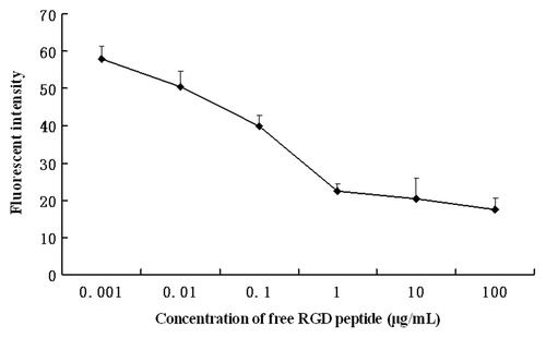 Figure 7. Inhibition of RGD-conjugated BSANPs uptake by free RGD peptides. Excessive free RGD peptides were added into the cell samples 3 h prior to the incubation with RGD-conjugated BSANPs for another 6 h at room temperature. Cellular uptake of RGD-conjugated BSANPs was inhibited by free RGD peptide.