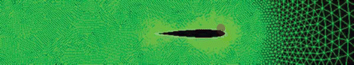 Figure 3. The location for actuation (red) on the airfoil shown within the grid used for CFD (green).