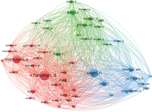 Figure 5. The co-occurrence map of co-cited authors. The links indicate the relationship among authors, and the same color represents the same clusters.