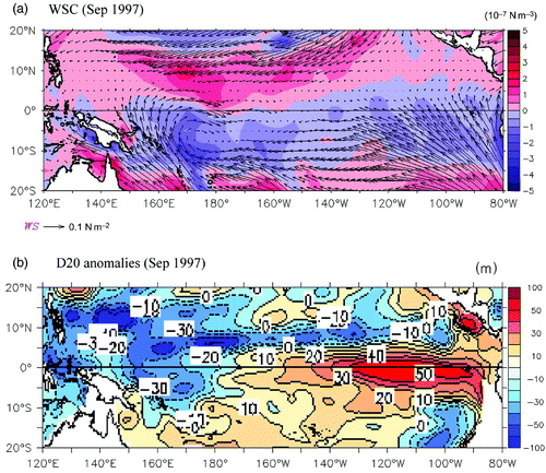 Fig. 9 (a) Wind stress curl pattern and (b) 20°C isotherm depth anomalies in September 1997. The contour interval for the wind stress curl is 0.5 × 10−7 N m−3 and for the isotherm depth is 10 m.