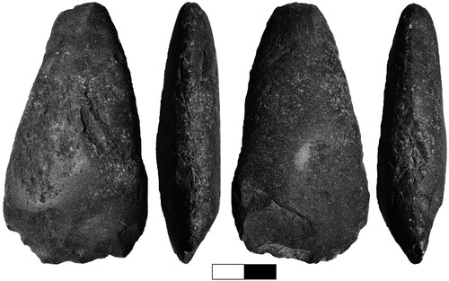 Figure 8 Groundstone axe from basalt recovered from IDIHA-F-0029844. Scale is 2 cm long.