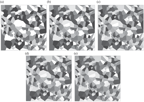 Figure 9. Examples of ‘patchy’ cost surfaces with (a) 5 different values, (b) 10 different values, (c) 25 different values, (d) 50 different values, and (e) 100 different values. Note that the values of the cells in each cost surface range from 1 (most lightly shaded) to 100 (most darkly shaded) with a constant increment