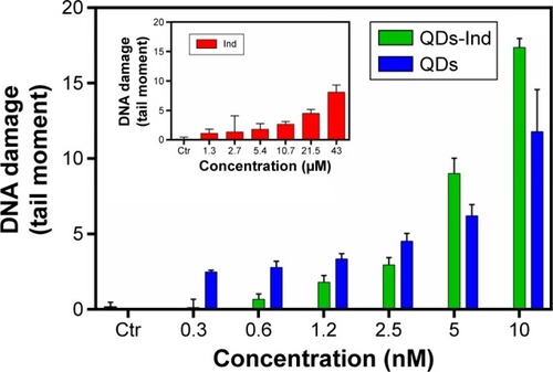 Figure 8 Comet assay.Notes: Histogram of DNA damage of D. magna added to 0.3–10 nM solutions of QD, QDs-Ind, and indolicidin alone. Results are expressed as median values with the SD. All bars have a significant difference with controls (P<0.05).Abbreviations: QDs, quantum dots; QDS-Ind, quantum dots-indolicidin.