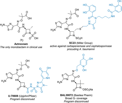 Figure 1. Structures of aztreonam (1) and selected examples of siderophore-conjugated monocyclic β-lactams from literature. Note that parts of the molecule containing siderophore mimetics are highlighted in blue.