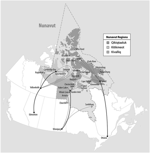 Figure 2. Air links between Nunavut communities and southern referral centres.