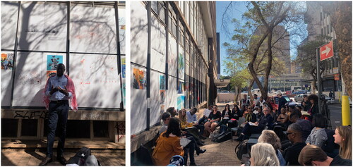 Figure 6 Conversation Room, Architectural History and Theory colloquium at the GSA, Juta Street, Johannesburg 10 September 2019 (left: Israel Ogundare presenting, right: group discussion, photograph by Sumayya Vally).