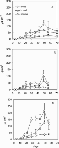 Fig. 4. Carbohydrate concentrations in the biofilms, divided into three fractions: extracellular loose, extracellular bound and internal. (a) NK; (b) OK east; (c) OK west. Error bars as in Fig. 2.