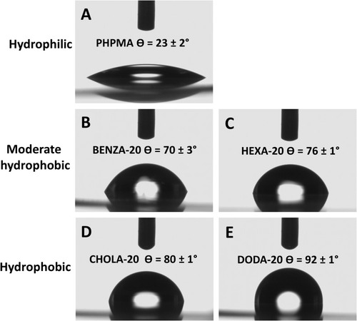 Figure 2 Contact angle measurement allows for the categorization of the NGs.Notes: We could differentiate three groups: with PHPMA (A) as hydrophilic, BENZA-20 (B) and HEXA-20 (C) as moderate hydrophobic and CHOLA-20 (D) and DODA-20 (E) as hydrophobic.Abbreviations: NGs, nanogels; PHPMA, poly(N-(2-hydroxypropyl)methacrylamide).