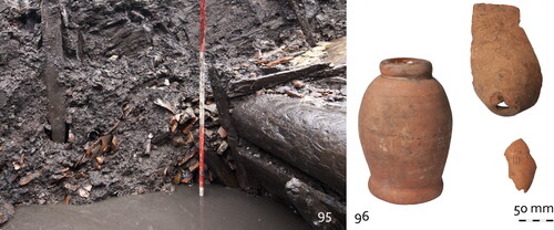 FIG. 23 Land reclamation dumps in the Uilenburgergracht, c. 1700–1730 (95) containing predominantly sugar cone moulds and syrup collecting jars (96) (photographs, Ranjith Jayasena and Ron Tousain, Monuments and Archaeology, City of Amsterdam). 