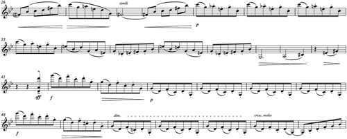 Example 8. Claude Debussy, Violin Sonata, Allegro vivo, mm. 26–54.