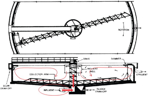 Figure 2. Typical conventional clarifier design with bottom central feed and corresponding symmetric flow pattern.