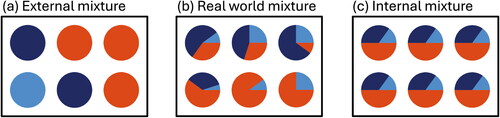 Figure 1. Illustration of the term aerosol mixing state. Each box shows an aerosol population with six particles, with colors representing different chemical species. The populations shown in (a), (b), and (c) have the same bulk composition, but their mixing states differ. (a) External mixture, (b) one of many possible examples of a mixing state in between external and internal mixture, and (c) internal mixture.