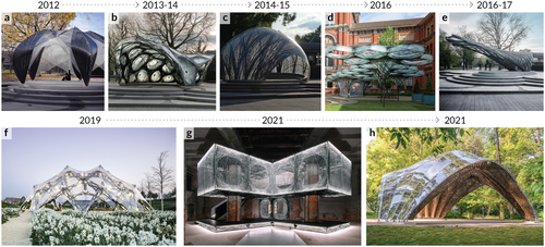 Figure 9. Overview of CFW projects built between 2012 and 2021 by ICD/ITKE, University of Stuttgart: (a) ICD/ITKE Research Pavilion 2012, Stuttgart, Germany; (b) ICD/ITKE Research Pavilion 2013–14, Stuttgart, Germany; (c) ICD/ITKE Research Pavilion 2014–15, Stuttgart, Germany; (d) Elytra Pavilion 2016, London, UK; (e) ICD/ITKE Research Pavilion 2016–17, Stuttgart, Germany; (f) BUGA Fibre Pavilion, Heilbronn, Germany; (g) Maison Fibre, Venice, Italy; and (h) LivMatS Pavilion, Freiburg, Germany. (Credit for all images: ICD/ITKE/IntCDC University of Stuttgart)