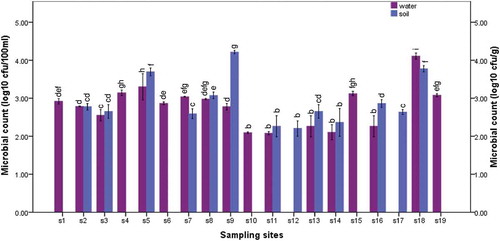 Figure 1. The distribution of E. coli O157:H7 in irrigation water samples (purple bars) and agricultural soil samples (blue bars) retrieved from the study sites. Mean of E. coli O157:H7 counts within the study sites are statistically significant at P ≤ 0.05, F = 211.790 for water samples and P ≤ 0.05, F = 437.191 for soil samples. The bars with the same colour which have the same letter(s) are not significantly different (P ≥ 0.05, Duncan) across the sampling sites