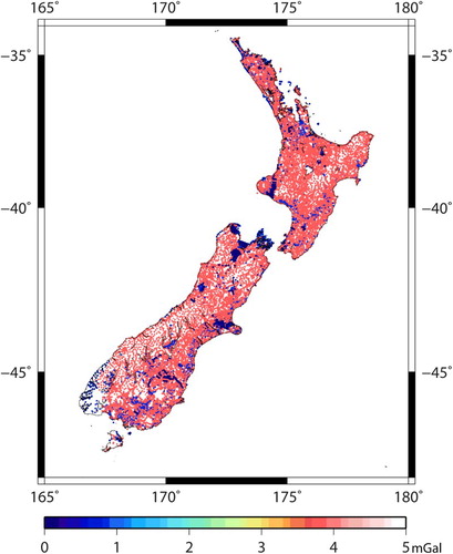 Figure 2. Terrestrial topography corrected gravity anomalies error standard deviations (mGal) estimated by propagating height uncertainties into the Bouguer and free air corrections. The error estimates are shown as dots coloured by value.