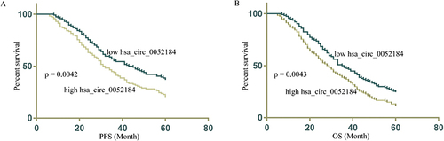 Figure 2 Baseline profile and hsa_circ_0052184 content of 228 CRC patients. Elevated plasma hsa_circ_0052184 levels were linked to significantly reduced PFS (A) and OS (B) among CRC patients.