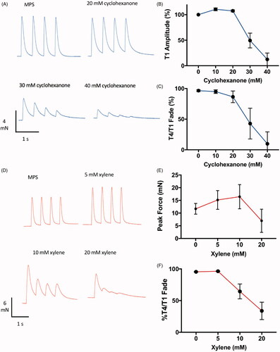 Figure 9. Cyclohexanol and xylene also cause neuromuscular fade and block. Representative TOF responses (A,D) and data summarising effects on peak (T1) amplitude (B,E) and T4/T1 fade (C,F), from isolated mouse FDB muscles with increasing amounts of (A–C) cyclohexanone or (D–F) xylene to the bathing medium. Points on the graphs are means ± SEM for four muscles.