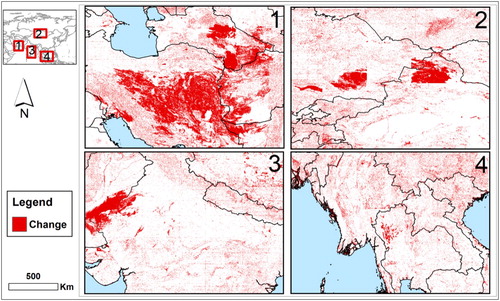 Figure 7. Spatial patterns of changes for four selected vibrant spots within 2000–2010 in Asia are represented in red colour (colour online only).