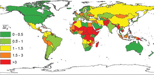 Figure 8. “Lights-index of regional disparity” in 200 countries of the world for the year 2012. Countries in yellow/orange/red have values of “light per capita” increasingly lower than their neighbor countries. Countries in green have values of “light per capita” higher than their neighbor countries.