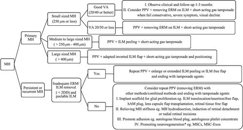 Figure 2 A schematic diagram of resuming choice of surgical methods for idiopathic macular hole: perspective.Abbreviations: MH, idiopathic macular hole; DD, disc diameter; VA, visual acuity; ILM, internal limiting membrance; ERM, epiretinal membrane; PPV, pars plana vitrectomy; hAM, human amniotic membrane; MSCs, mesenchymal stem cells; MSC-Exos, MSC-derived exosomes; *, limited evidence
