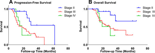 Figure 2 Kaplan–Meier curves of progression-free (A) survival and overall survival (B) stratified by FIGO stage.