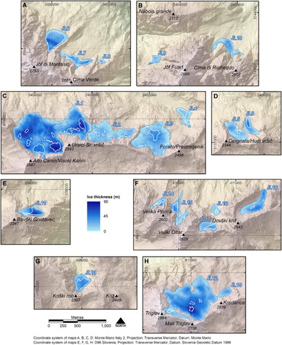 Figure 7. Estimation of the loss of ice thickness since the LIA. IDs of glaciers during the LIA are written in white-blue colour. White polygons mark recent extent of glacial bodies. Base topography of maps A, B, C and D: LiDAR data Italy 2006 (CitationCivil Defense of Friuli Venezia Giulia, 2006). Base topography of maps E, F, G and H: LiDAR data Slovenia 2014–2015 (http://gis.arso.gov.si/evode/profile.aspx?id=atlas_voda_Lidar@Arso).